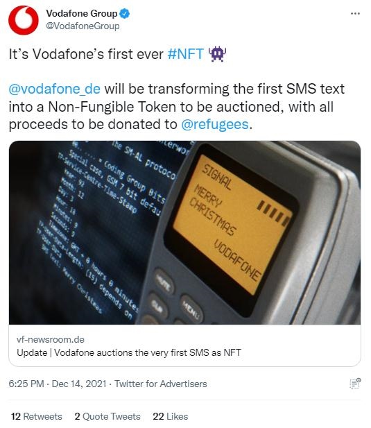 英國沃達豐公司也表示，計劃將拍賣所得全部捐贈給聯(lián)合國難民署，以支持那些被迫逃離家園的人。(圖片來源：英國沃達豐公司社交媒體截圖)