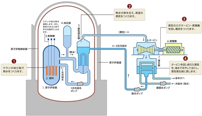 核電站運作原理圖。通常的核電站排水未直接接觸核燃料。（圖片來源：日本北海道電力株式會社網(wǎng)站）