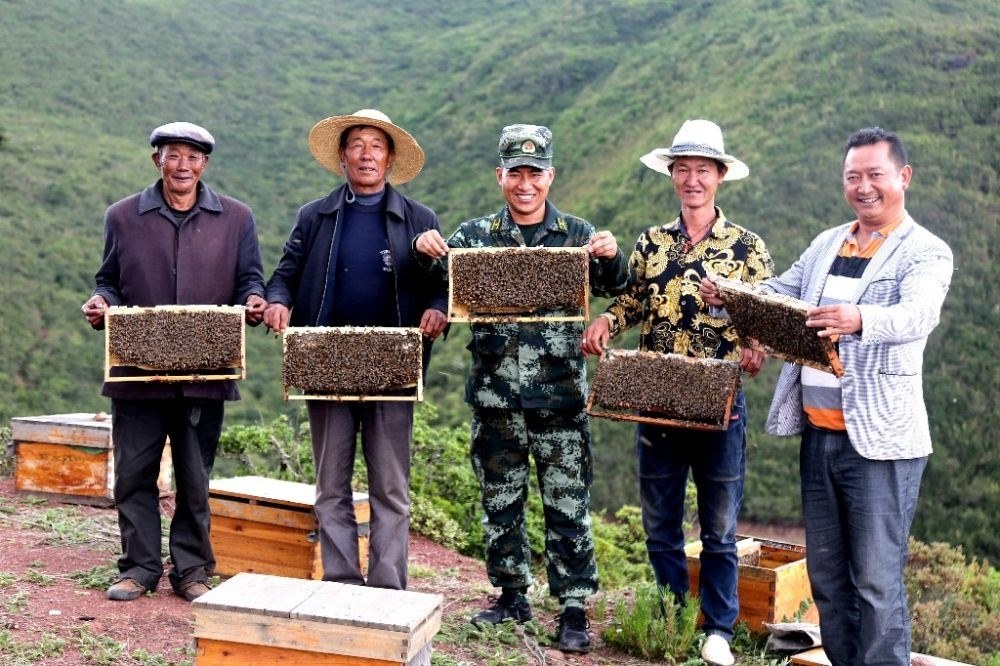 ↑武警四川總隊涼山支隊精準幫扶昭覺縣梭梭拉打村發(fā)展養(yǎng)蜂產(chǎn)業(yè)，總隊駐村扶貧干部布哈（中）和村民一同展示豐收成果（2019年6月12日攝）。新華社發(fā)（楊劍 攝）