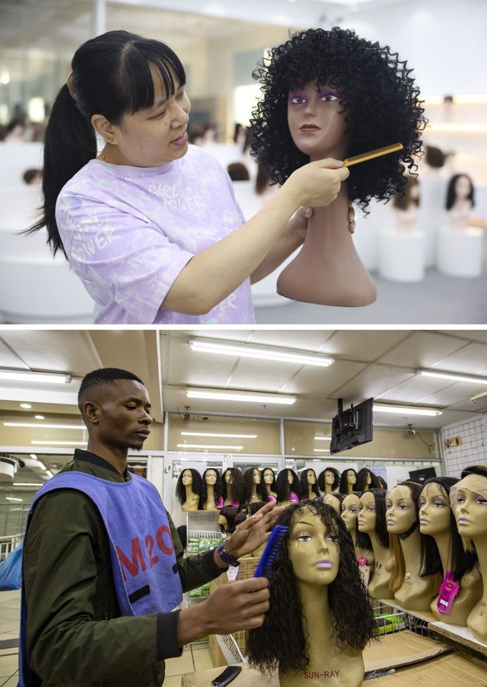 拼版照片：上圖為2023年5月25日，工人在湖南邵陽陽光發(fā)品有限公司展廳展示假發(fā)（新華社記者薛宇舸攝）；下圖為2023年6月9日，一名店員在湖南邵陽陽光發(fā)品有限公司位于南非約翰內斯堡的店鋪內展示假發(fā)（新華社記者張譽東攝）。新華社發(fā)