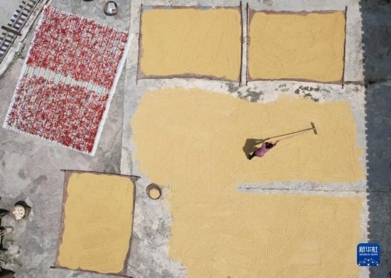 9月16日，村民在貴州省黔東南苗族侗族自治州施秉縣馬溪鄉(xiāng)王家坪村晾曬稻谷（無人機(jī)照片）。