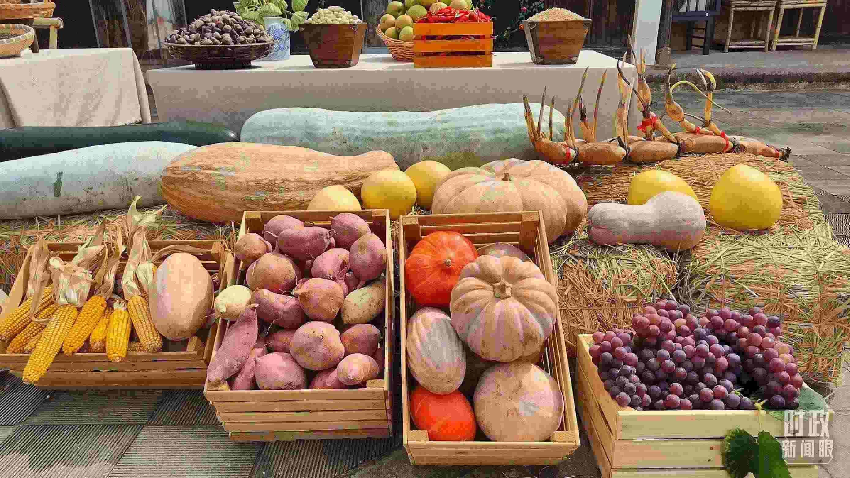 △村廣場“共富市集”，擺放著種類豐富的特色農產品。（總臺央視記者楊立峰拍攝）