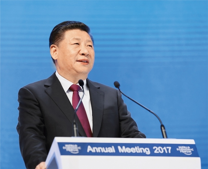 2017年1月17日，習(xí)近平主席在瑞士達(dá)沃斯國(guó)際會(huì)議中心出席世界經(jīng)濟(jì)論壇2017年年會(huì)開(kāi)幕式，并發(fā)表題為《共擔(dān)時(shí)代責(zé)任 共促全球發(fā)展》的主旨演講。