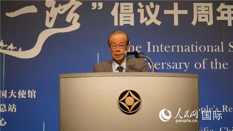 日本前首相福田康夫致辭。人民網(wǎng) 蔣曉辰攝