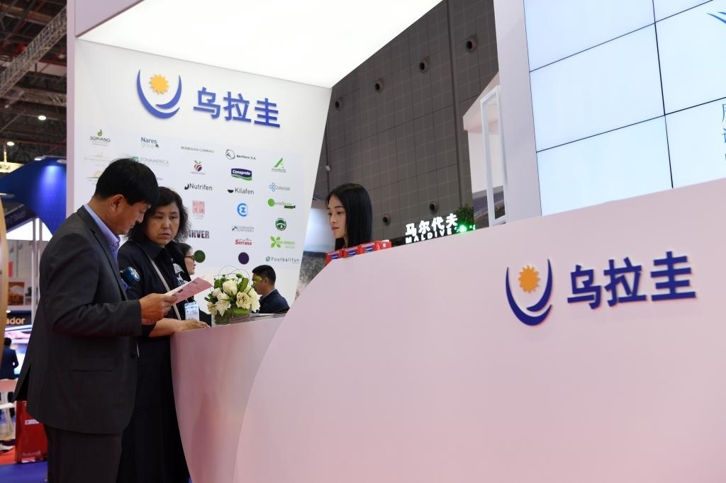 2019年11月6日，參觀者在第二屆進博會烏拉圭國家館展臺咨詢。