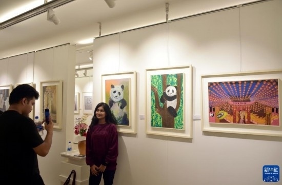 11月22日，在孟加拉國(guó)達(dá)卡，人們?cè)凇皣?guó)家印象”繪畫展上參觀拍照。新華社發(fā)（薩利姆攝）