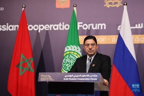 12月20日，在摩洛哥南部城市馬拉喀什舉行的第六屆阿拉伯-俄羅斯合作論壇主議程結(jié)束后，摩洛哥外交大臣布里達(dá)在記者會(huì)上講話。新華社記者霍晶攝