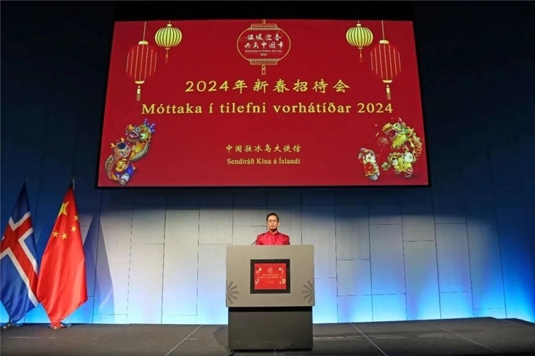 中國駐冰島大使何儒龍致辭。中國駐冰島大使館供圖