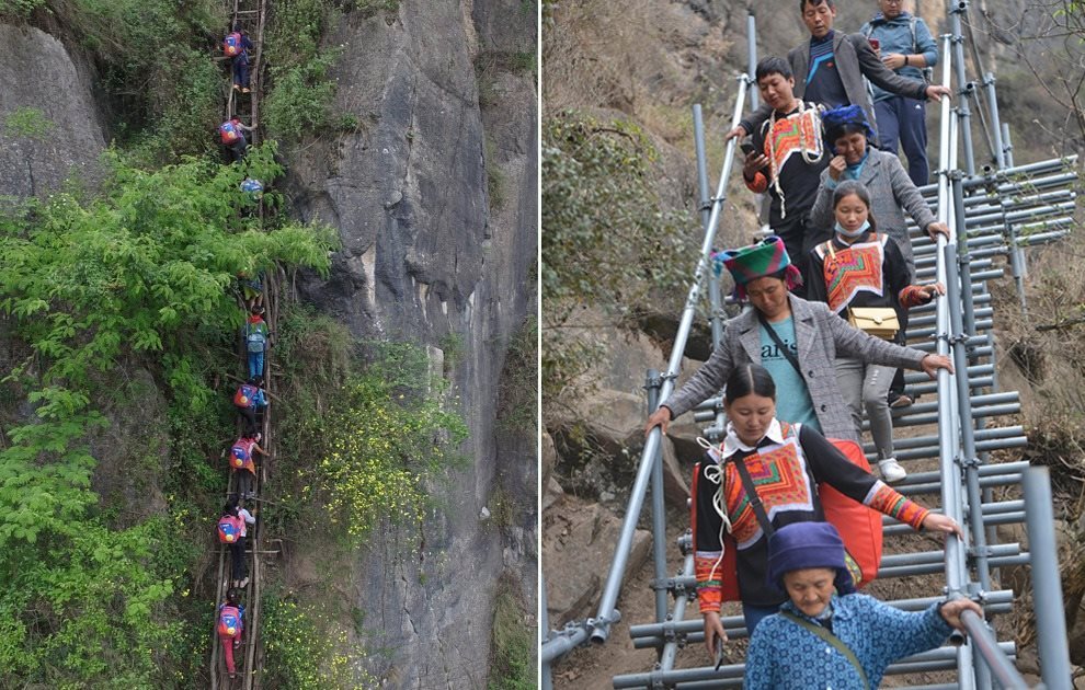 “懸崖村”今昔對(duì)比：左圖為2016年5月14日，“懸崖村”的孩子們攀爬木梯回家。右圖為2020年5月13日，“懸崖村”村民帶著行李通過(guò)鋼梯下山，搬遷至易地扶貧集中安置點(diǎn)的新家。