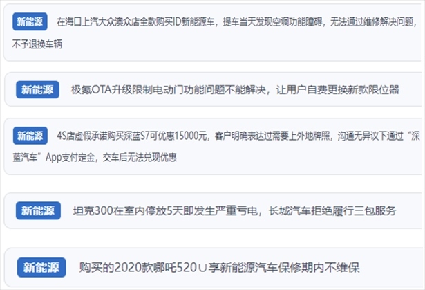 “人民投訴”用戶吐槽新能源汽車功能障礙多發(fā)、升級后配套服務(wù)跟不上、虛假優(yōu)惠、保修期內(nèi)不維保的問題。（“人民投訴”平臺截圖）