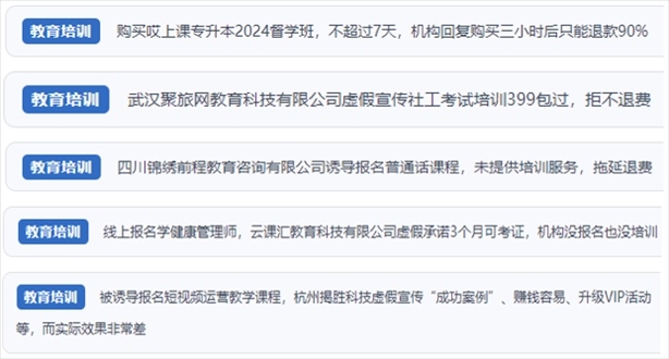 “人民投訴”用戶舉報機構(gòu)虛假宣傳包過包拿證、虛假承諾收益效果、課程服務(wù)貨不對板、退款難等在線教培亂象。（“人民投訴”平臺截圖）