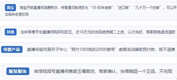 “人民投訴”用戶投訴直播間網(wǎng)購珠寶玉石、家電、培訓(xùn)課程等產(chǎn)品遭遇欺詐的情況。（“人民投訴”平臺截圖）