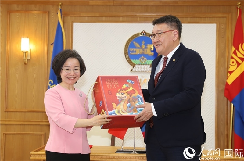 沈大使向扎布赫楞部長贈送吉祥龍。人民網(wǎng)記者 霍文攝