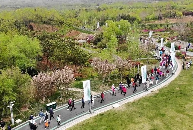 4月27日，登山愛好者在浮山森林公園參加登山健身活動（無人機照片）。新華社記者 李紫恒攝