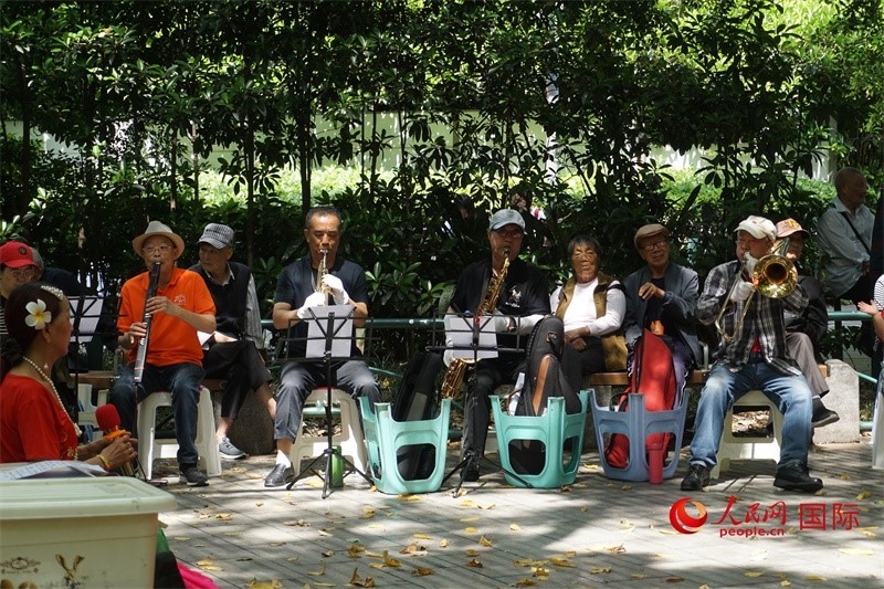 成都居民在公園里演奏歌曲。人民網(wǎng) 王禹蘅攝