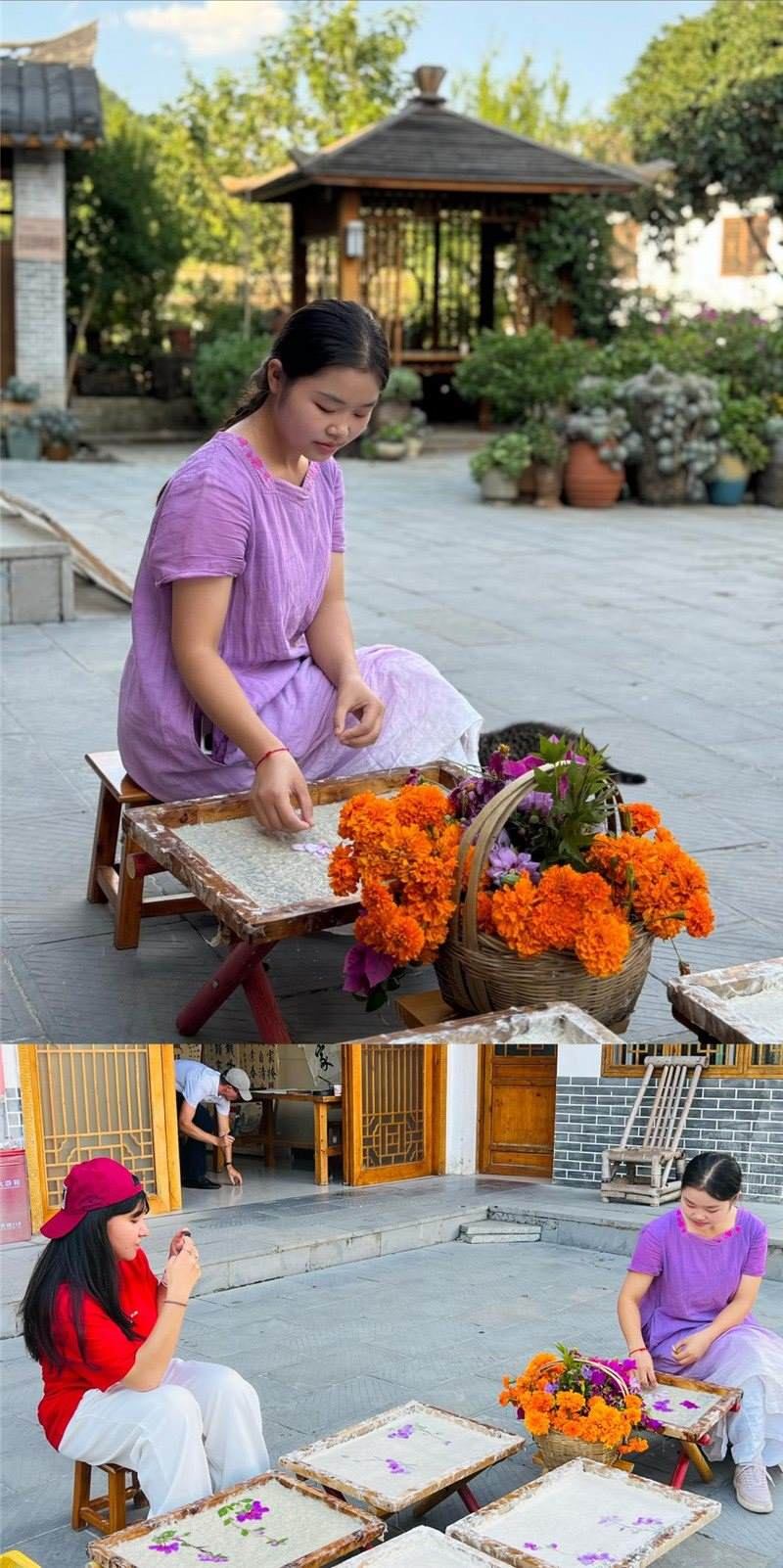 沒有女生不愛花。以古法造紙技藝為基礎(chǔ)，再輔以花草枝葉勾勒各式圖案，創(chuàng)作出花茂村獨(dú)具特色的紙漿壓花畫，少女手中的花是她眼中的風(fēng)景，而她與正在制作的紙漿壓花畫也是別人眼中的風(fēng)景。（哈薩克斯坦BAQ通訊社高級記者古爾詹·拉曼庫洛娃、張亞欣攝）