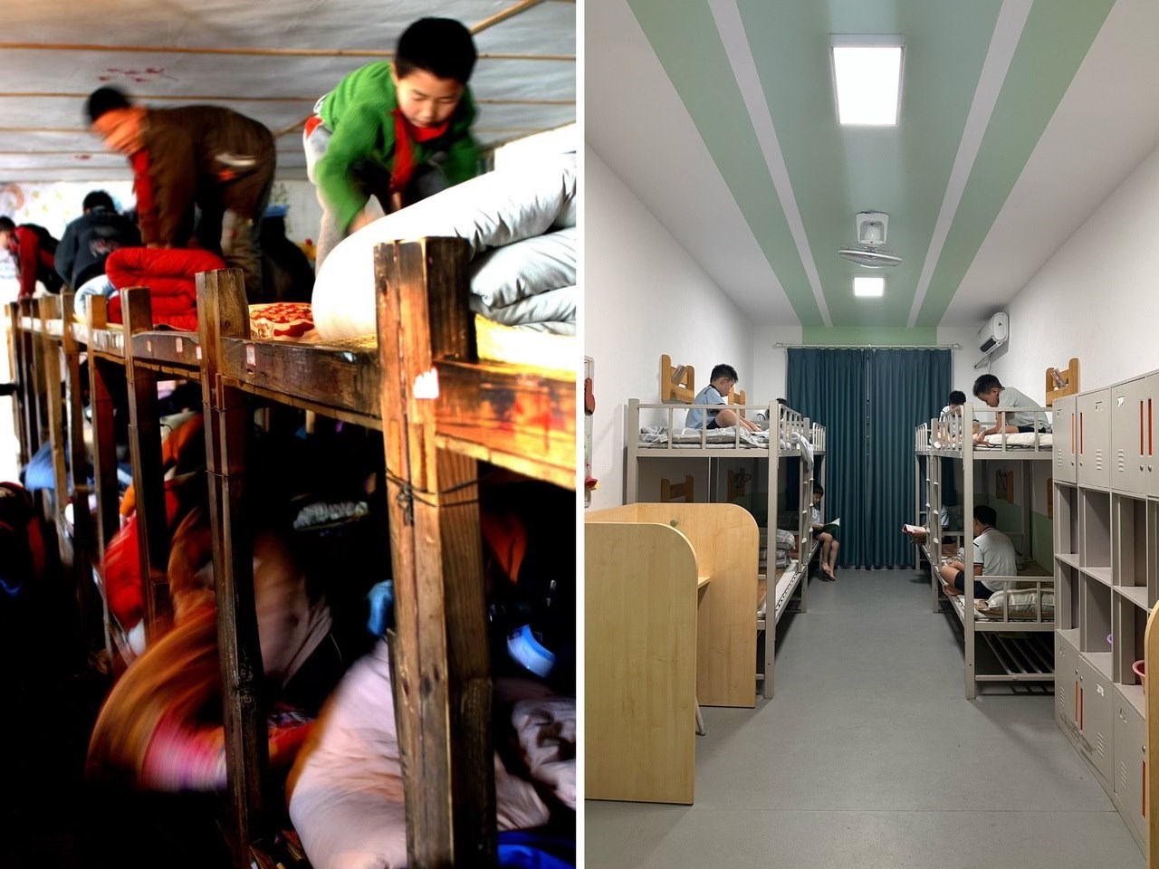 縉云縣東渡鎮(zhèn)長坑小學(xué)2005年以前的學(xué)生宿舍（左），以及現(xiàn)在的學(xué)生宿舍（右） 學(xué)校供圖