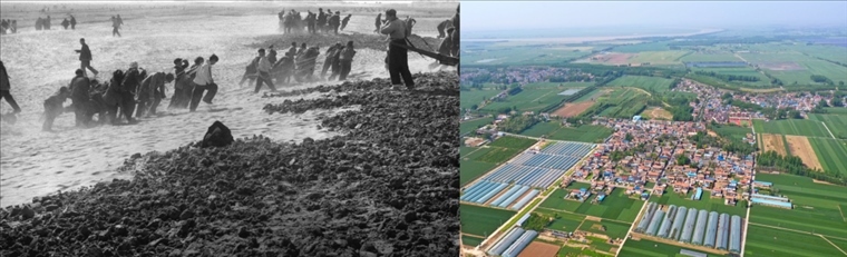 拼版照片：左圖為蘭考群眾在拉淤土壓沙（新華社記者 鄧歷耕 攝）；右圖為2024年4月25日拍攝的蘭考縣張莊村（無人機(jī)照片，新華社記者 郝源 攝）。