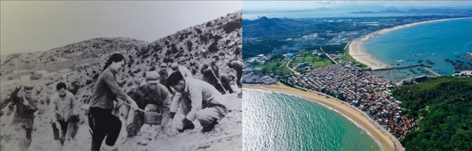 拼版照片：左圖為東山縣群眾在荒山上種植樹苗（資料照片）；右圖為2020年6月18日拍攝的東山縣陳城鎮(zhèn)澳角村附近風(fēng)光（無人機(jī)照片，新華社記者 姜克紅 攝）。