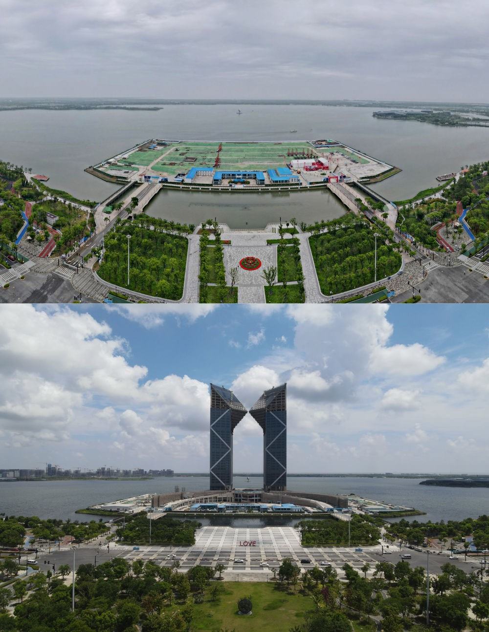 拼版照片：空中俯瞰中國（上海）自由貿易試驗區(qū)臨港新片區(qū)滴水湖西島中銀金融中心項目現(xiàn)場（上圖為2021年6月20日攝，無人機照片；下圖為2024年8月14日攝，無人機照片）。2019年8月20日，臨港新片區(qū)揭牌成立，一個開放新高地在長江與東海交匯處日益崛起。