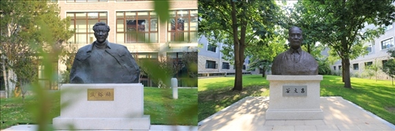 △左圖為中央黨校（國家行政學院）校園內(nèi)的焦裕祿雕塑，右圖為校園內(nèi)的谷文昌雕塑。