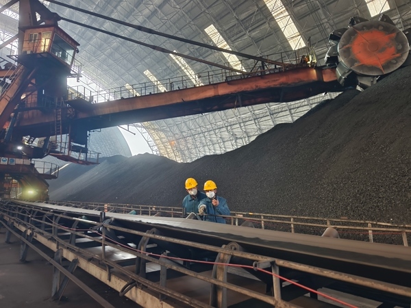 趙善國（右）和同事對電廠煤場進行巡檢。受訪者供圖