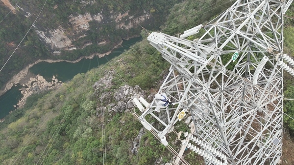 羅統(tǒng)在魯馬Ⅰ線1號塔上進行帶電作業(yè)。受訪者供圖