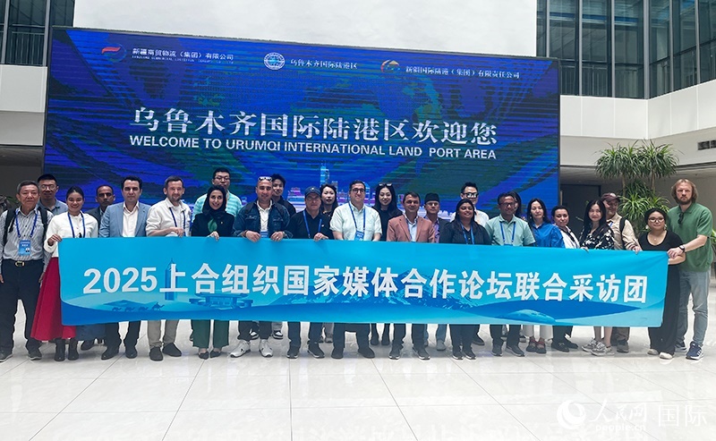 5月26日，外國媒體人在烏魯木齊國際陸港區(qū)合影留念。 人民網(wǎng)記者 翟轉(zhuǎn)麗攝